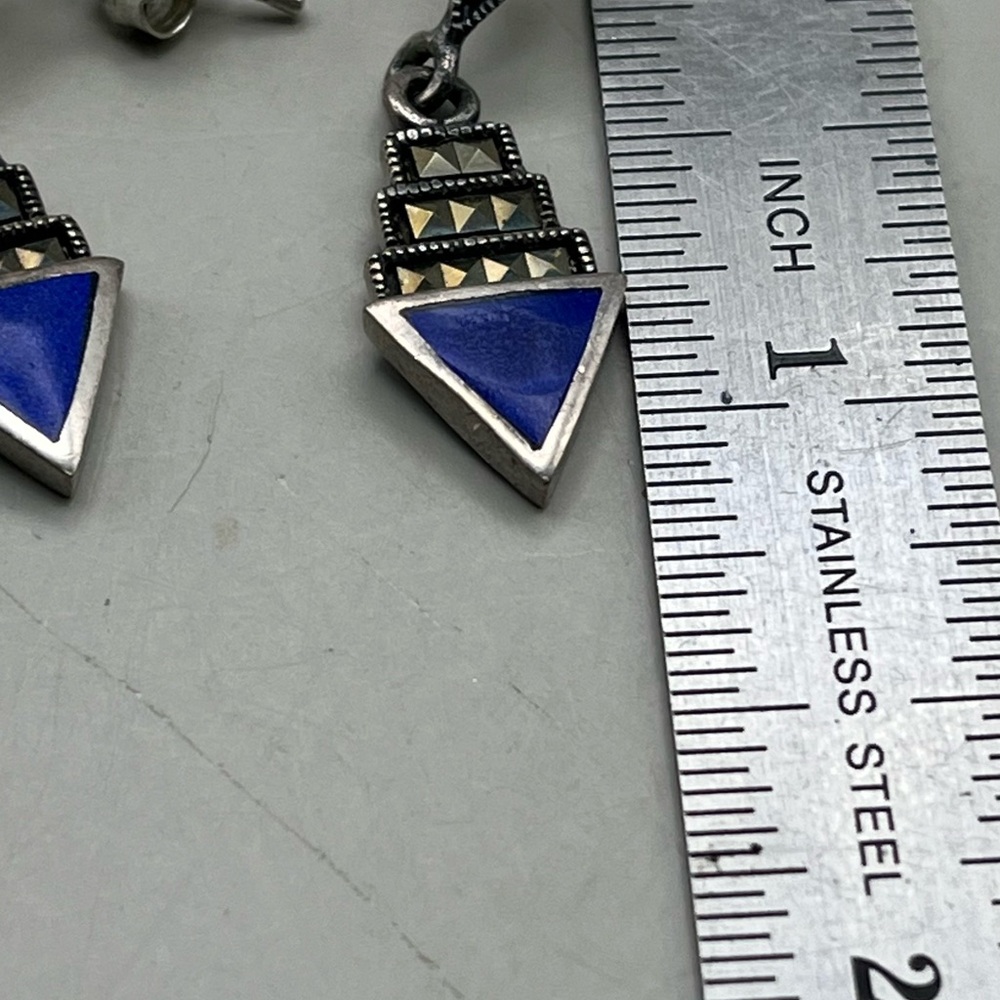 Vintage Sterling Silver and Blue Lapis Geometric Drop Earrings - Statement gift - Picture 4 of 4